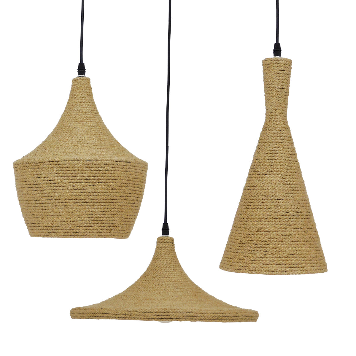 GloboStar® SHANGHAI ROPE 00875 Μοντέρνό Κρεμαστό Φωτιστικό Καμπάνα Σετ Τρίφωτο 3 x E27 IP20 Μπεζ Σχοινί με Χρυσό Μέταλλο - Μ81 x Π81 x Υ39cm - ledmania.gr