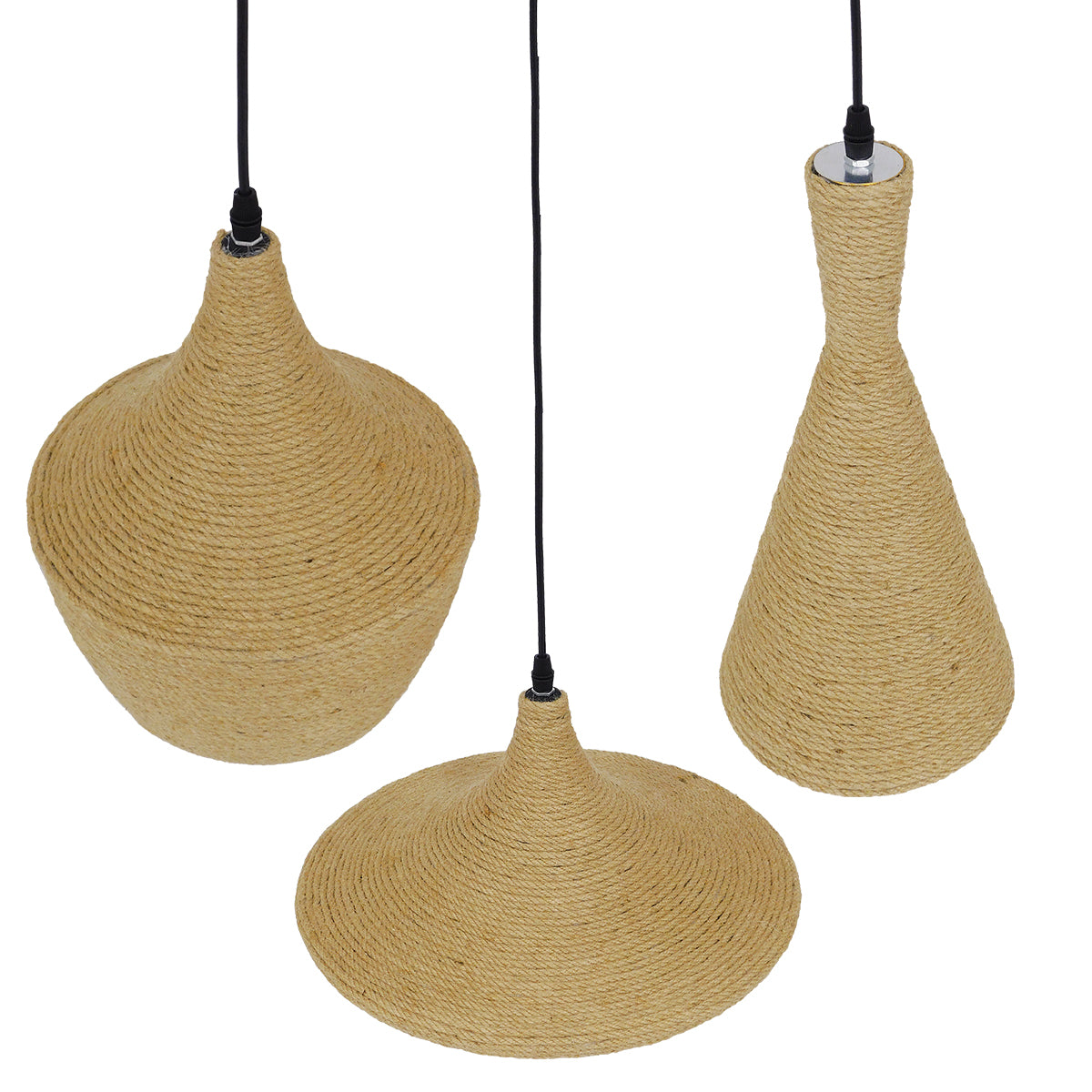 GloboStar® SHANGHAI ROPE 00875 Μοντέρνό Κρεμαστό Φωτιστικό Καμπάνα Σετ Τρίφωτο 3 x E27 IP20 Μπεζ Σχοινί με Χρυσό Μέταλλο - Μ81 x Π81 x Υ39cm - ledmania.gr