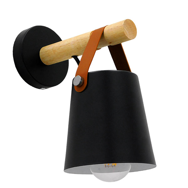 GloboStar® AMY 00947 Μοντέρνο Φωτιστικό Τοίχου Απλίκα Μονόφωτο Μαύρο με Ξύλο και Δερμάτινο Λουράκι Μεταλλικό Φ13 x Μ13 x Π19 x Y14cm - ledmania.gr