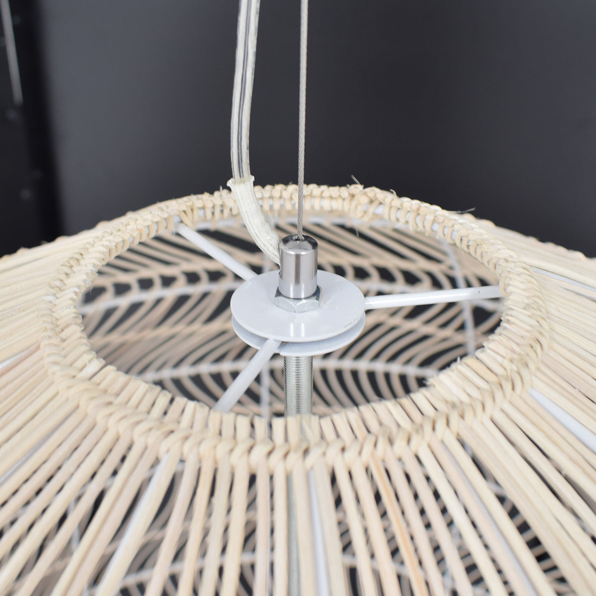 GloboStar® MALIBU 00965 Boho Κρεμαστό Φωτιστικό Πλέγμα Μονόφωτο 1 x E27 IP20 Μπεζ Ξύλο - Μ100 x Π100 x Y86cm - ledmania.gr
