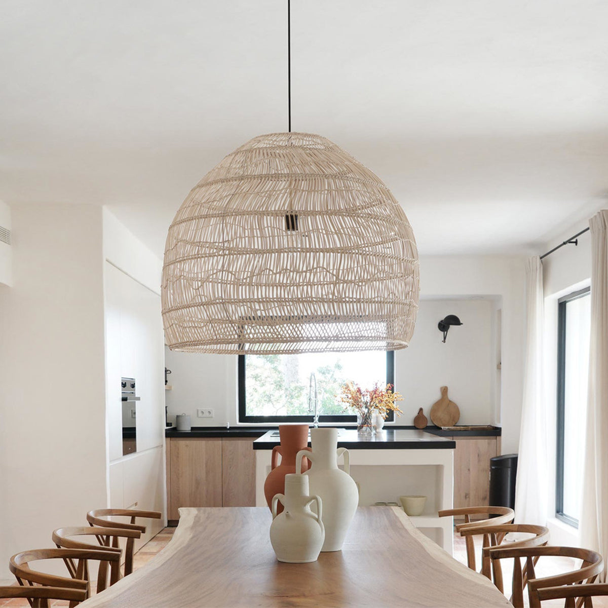 GloboStar® MALIBU 00965 Boho Κρεμαστό Φωτιστικό Πλέγμα Μονόφωτο 1 x E27 IP20 Μπεζ Ξύλο - Μ100 x Π100 x Y86cm - ledmania.gr