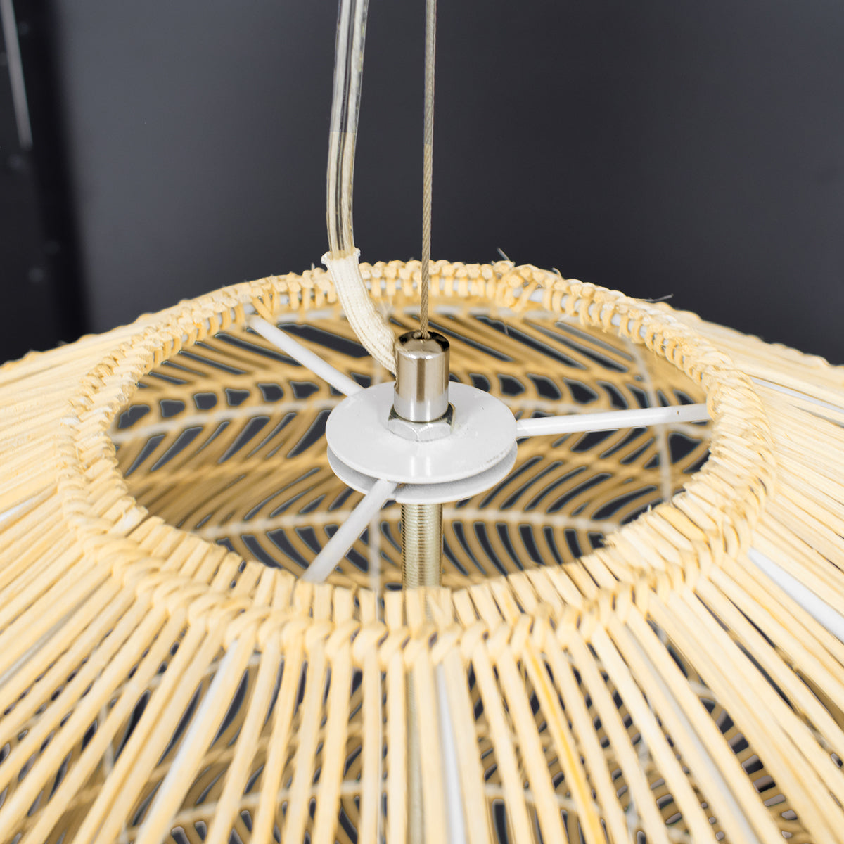 GloboStar® MALIBU 00974 Boho Κρεμαστό Φωτιστικό Πλέγμα Μονόφωτο 1 x E27 IP20 Μπεζ Ξύλο - Μ100 x Π100 x Υ86cm - ledmania.gr