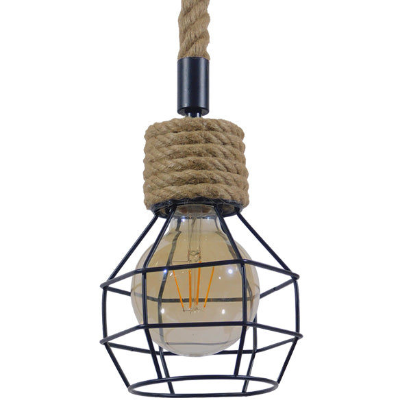 GloboStar® HELLET 01182 Vintage Κρεμαστό Φωτιστικό Πλέγμα Μονόφωτο 1 x E27 IP20 Μαύρο Μέταλλο με Μπεζ Σχοινί Μ16 x Π16 x Υ25cm - ledmania.gr