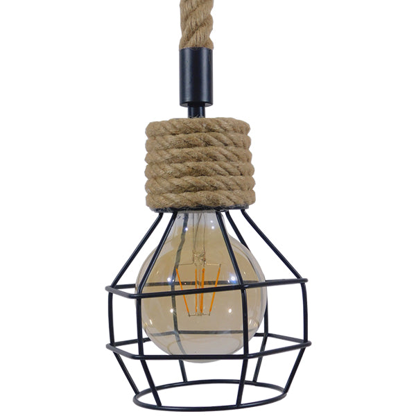 GloboStar® HELLET 01182 Vintage Κρεμαστό Φωτιστικό Πλέγμα Μονόφωτο 1 x E27 IP20 Μαύρο Μέταλλο με Μπεζ Σχοινί Μ16 x Π16 x Υ25cm - ledmania.gr