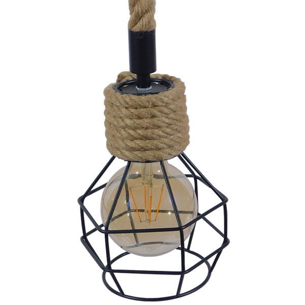 GloboStar® HELLET 01182 Vintage Κρεμαστό Φωτιστικό Πλέγμα Μονόφωτο 1 x E27 IP20 Μαύρο Μέταλλο με Μπεζ Σχοινί Μ16 x Π16 x Υ25cm - ledmania.gr