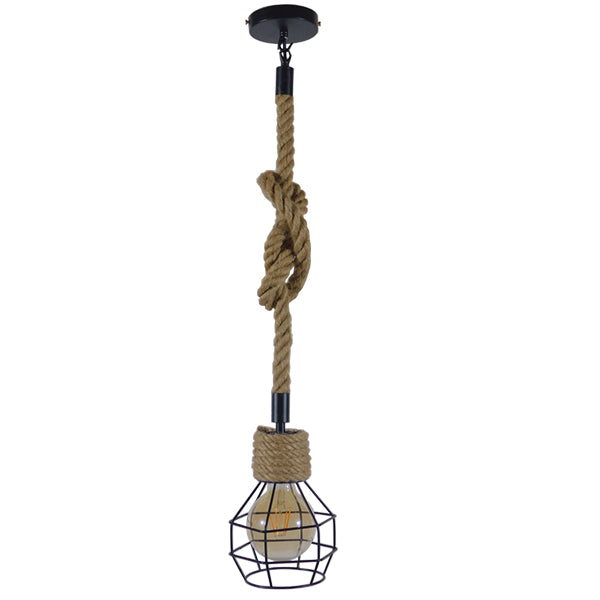 GloboStar® HELLET 01182 Vintage Κρεμαστό Φωτιστικό Πλέγμα Μονόφωτο 1 x E27 IP20 Μαύρο Μέταλλο με Μπεζ Σχοινί Μ16 x Π16 x Υ25cm - ledmania.gr
