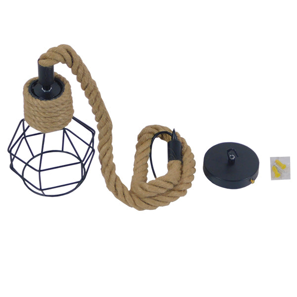 GloboStar® HELLET 01182 Vintage Κρεμαστό Φωτιστικό Πλέγμα Μονόφωτο 1 x E27 IP20 Μαύρο Μέταλλο με Μπεζ Σχοινί Μ16 x Π16 x Υ25cm - ledmania.gr