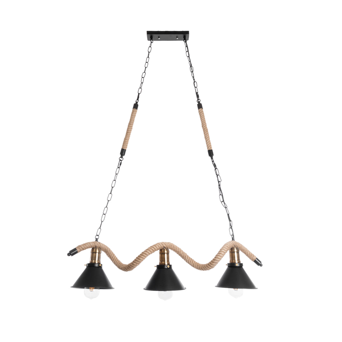 GloboStar® TYMEN 01189 Vintage Κρεμαστό Φωτιστικό Καμπάνα Τρίφωτο 3 x E27 IP20 Μαύρο Μέταλλο με Μπεζ Σχοινί - Μ85 x Π18.5 x Υ20cm - ledmania.gr