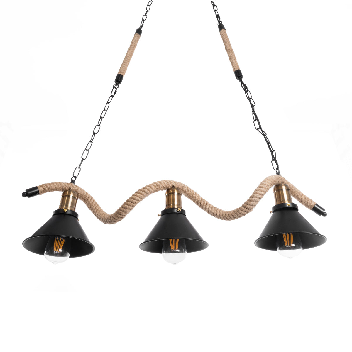 GloboStar® TYMEN 01189 Vintage Κρεμαστό Φωτιστικό Καμπάνα Τρίφωτο 3 x E27 IP20 Μαύρο Μέταλλο με Μπεζ Σχοινί - Μ85 x Π18.5 x Υ20cm - ledmania.gr