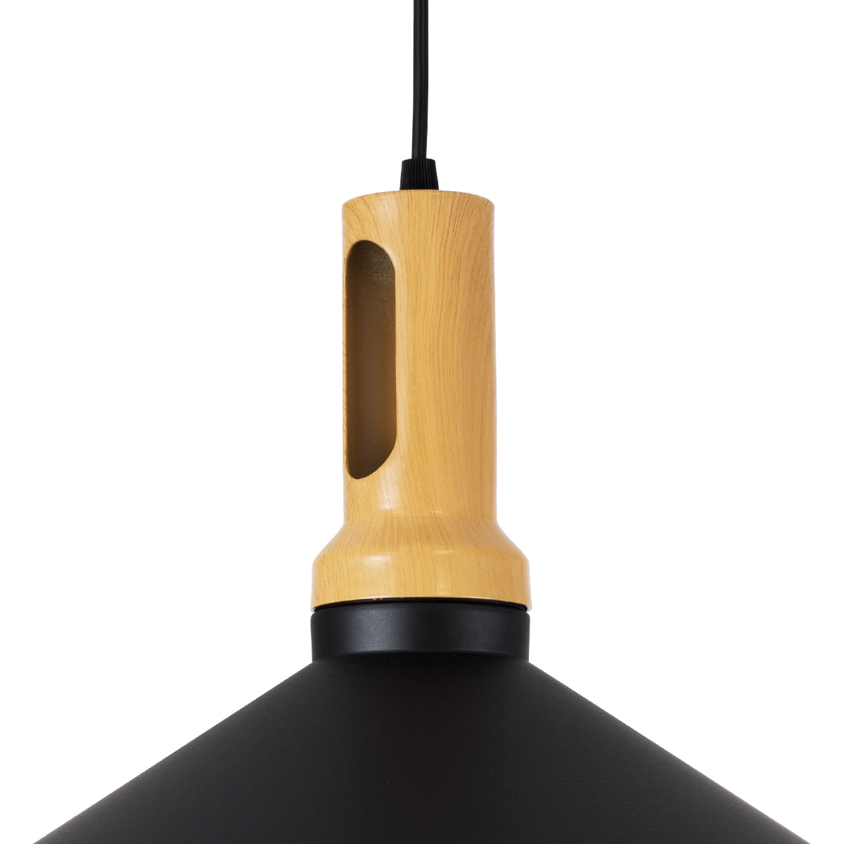 GloboStar® CALYPSO 01334-A Μοντέρνο Κρεμαστό Φωτιστικό Οροφής Μονόφωτο 1 x E27 Μαύρο - Χρυσό Μεταλλικό με Ξύλινη Βάση Καμπάνα Φ36 x Υ30cm - ledmania.gr