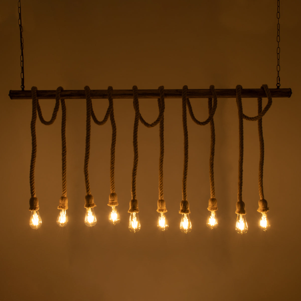 GloboStar® FERULE 01380 Vintage Industrial Κρεμαστό Φωτιστικό Οροφής Πολύφωτο 10 x E27 Μπρούτζινο Μεταλλικό με Μπεζ Σχοινί Μ150 x Π4 x Y62.5cm - ledmania.gr