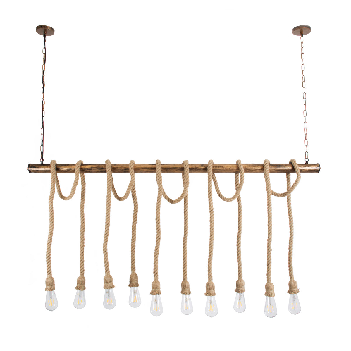 GloboStar® FERULE 01380 Vintage Industrial Κρεμαστό Φωτιστικό Οροφής Πολύφωτο 10 x E27 Μπρούτζινο Μεταλλικό με Μπεζ Σχοινί Μ150 x Π4 x Y62.5cm - ledmania.gr
