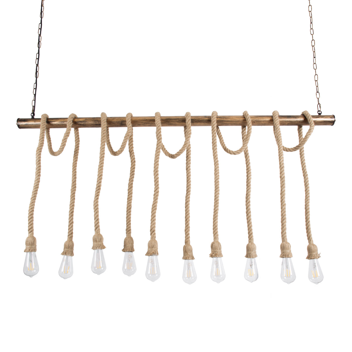 GloboStar® FERULE 01380 Vintage Industrial Κρεμαστό Φωτιστικό Οροφής Πολύφωτο 10 x E27 Μπρούτζινο Μεταλλικό με Μπεζ Σχοινί Μ150 x Π4 x Y62.5cm - ledmania.gr