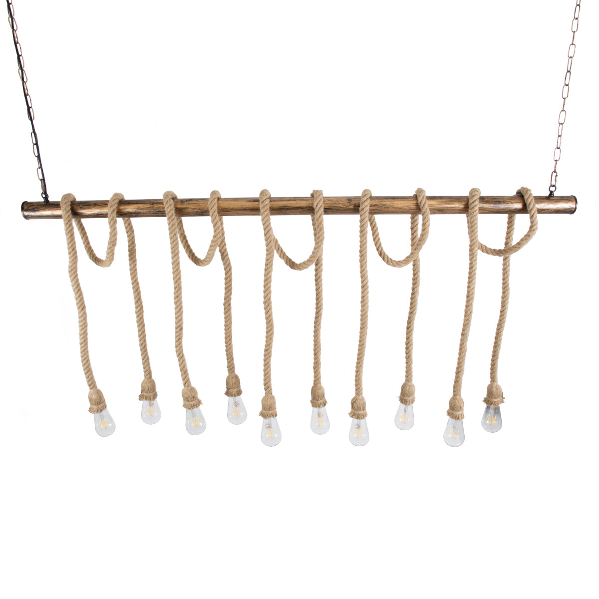 GloboStar® FERULE 01380 Vintage Industrial Κρεμαστό Φωτιστικό Οροφής Πολύφωτο 10 x E27 Μπρούτζινο Μεταλλικό με Μπεζ Σχοινί Μ150 x Π4 x Y62.5cm - ledmania.gr