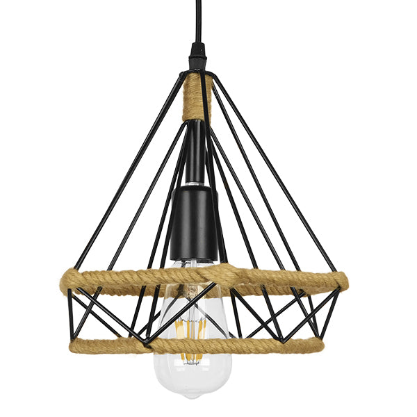 GloboStar® FLUTED 01421 Vintage Κρεμαστό Φωτιστικό Πλέγμα Μονόφωτο 1 x E27 IP20 Μαύρο Μέταλλο με Μπεζ Σχοινί Μ25 x Π25 x Y24cm - ledmania.gr