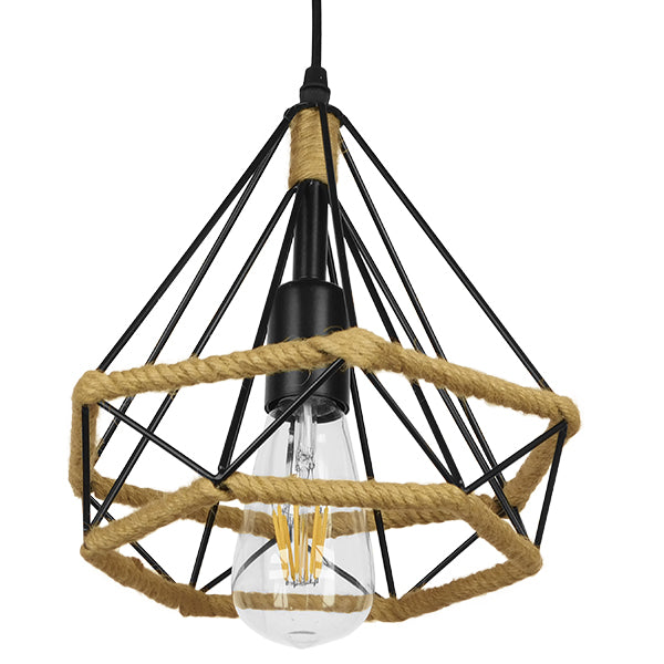 GloboStar® FLUTED 01421 Vintage Κρεμαστό Φωτιστικό Πλέγμα Μονόφωτο 1 x E27 IP20 Μαύρο Μέταλλο με Μπεζ Σχοινί Μ25 x Π25 x Y24cm - ledmania.gr