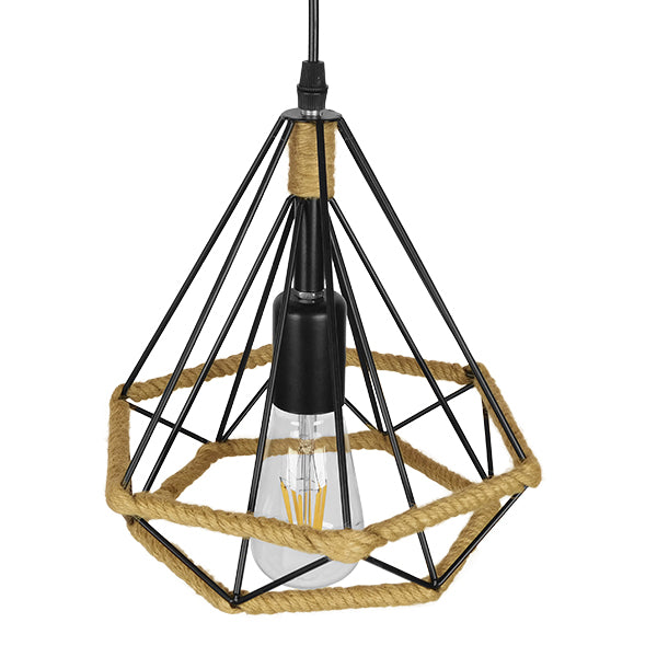 GloboStar® FLUTED 01421 Vintage Κρεμαστό Φωτιστικό Πλέγμα Μονόφωτο 1 x E27 IP20 Μαύρο Μέταλλο με Μπεζ Σχοινί Μ25 x Π25 x Y24cm - ledmania.gr