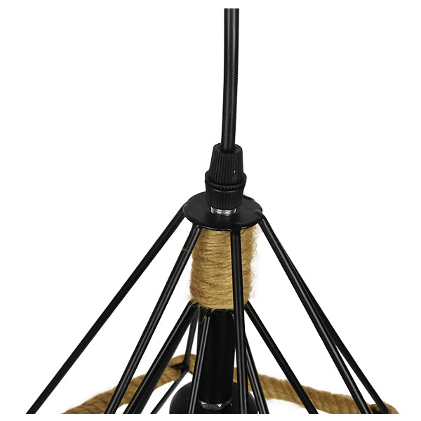 GloboStar® FLUTED 01421 Vintage Κρεμαστό Φωτιστικό Πλέγμα Μονόφωτο 1 x E27 IP20 Μαύρο Μέταλλο με Μπεζ Σχοινί Μ25 x Π25 x Y24cm - ledmania.gr