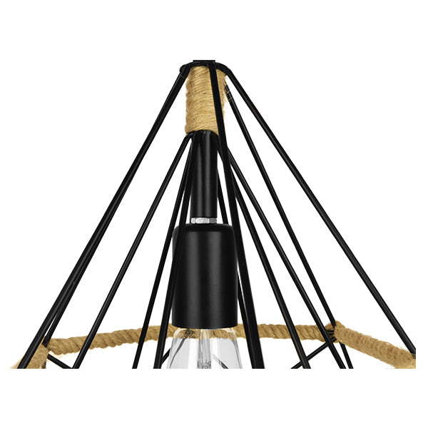 GloboStar® FLUTED 01421 Vintage Κρεμαστό Φωτιστικό Πλέγμα Μονόφωτο 1 x E27 IP20 Μαύρο Μέταλλο με Μπεζ Σχοινί Μ25 x Π25 x Y24cm - ledmania.gr