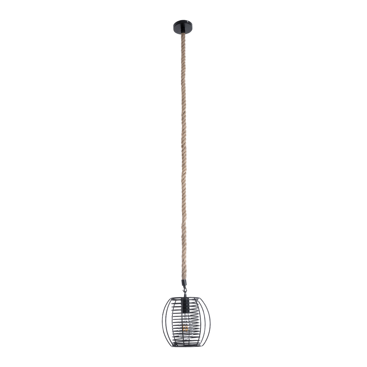 GloboStar® ORVAL 01689 Μοντέρνο Κρεμαστό Φωτιστικό Οροφής Μονόφωτο 1 x E27 AC220-240V IP20 - Φ20 x Υ20cm - Μαύρο Μεταλλικό με Μπεζ Σχοινί Πλέγμα - 5 Χρόνια Εγγύηση - ledmania.gr