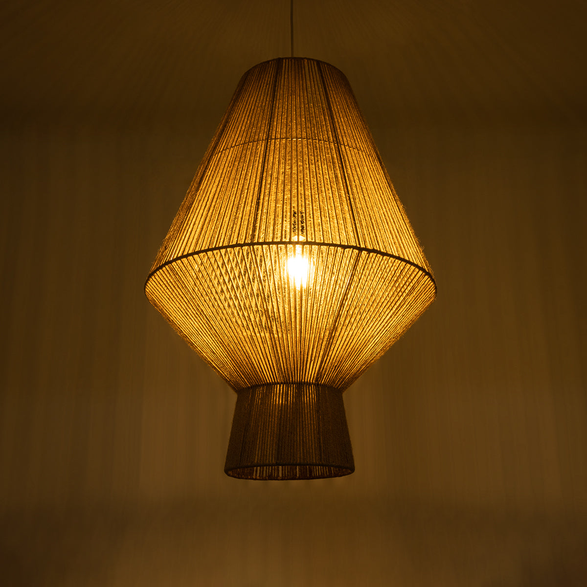 GloboStar® CAYMAN 01854 Boho Κρεμαστό Φωτιστικό Οροφής Μονόφωτο 1 x E27 AC220-240V IP20 - Φ60 x Υ86cm - Μπεζ Λεπτό Σχοινί Τριχιά Πλέγμα - ledmania.gr
