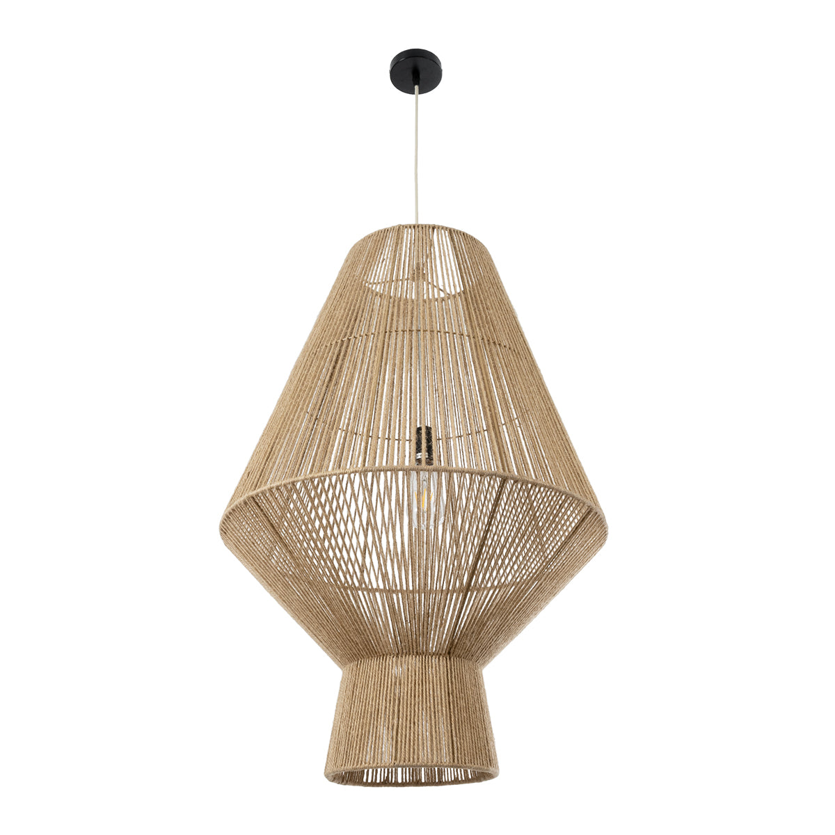 GloboStar® CAYMAN 01854 Boho Κρεμαστό Φωτιστικό Οροφής Μονόφωτο 1 x E27 AC220-240V IP20 - Φ60 x Υ86cm - Μπεζ Λεπτό Σχοινί Τριχιά Πλέγμα - ledmania.gr