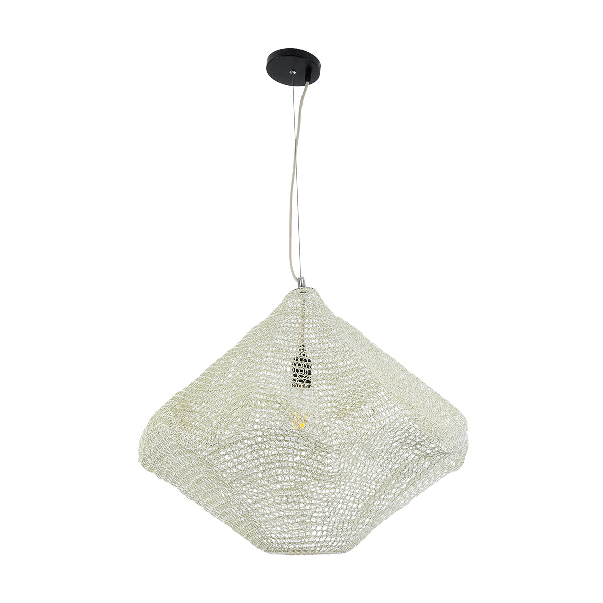 GloboStar® KENTUCKY 01865 Vintage Κρεμαστό Φωτιστικό Οροφής Μονόφωτο 1 x E27 AC220-240V IP20 - Φ60 x Υ50cm - Μπεζ Εκρού Μεταλλικό Πλέγμα - 5 Χρόνια Εγγύηση - ledmania.gr