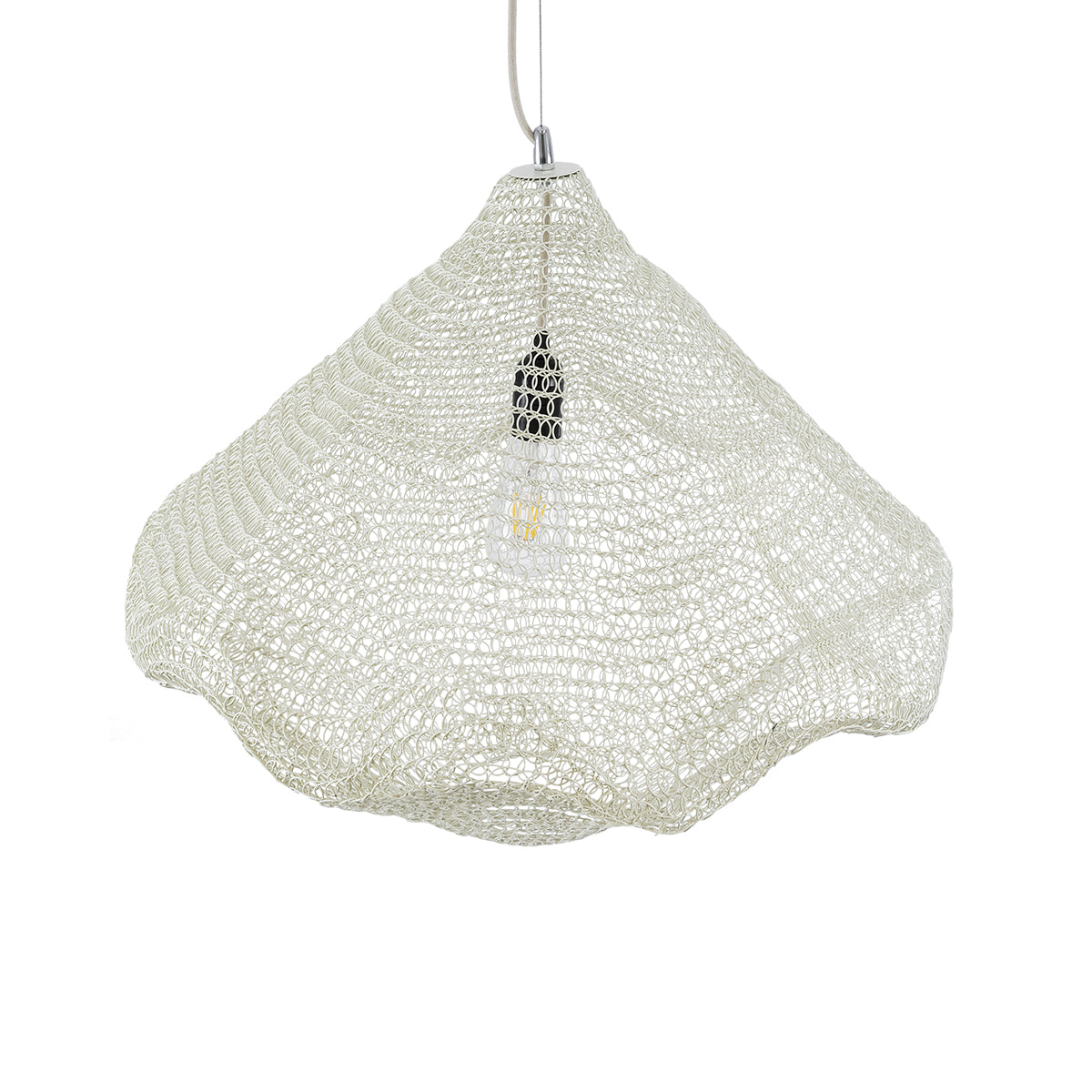 GloboStar® KENTUCKY 01865 Vintage Κρεμαστό Φωτιστικό Οροφής Μονόφωτο 1 x E27 AC220-240V IP20 - Φ60 x Υ50cm - Μπεζ Εκρού Μεταλλικό Πλέγμα - 5 Χρόνια Εγγύηση - ledmania.gr