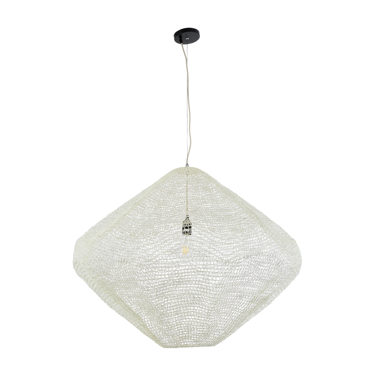 GloboStar® KENTUCKY 01868 Vintage Κρεμαστό Φωτιστικό Οροφής Μονόφωτο 1 x E27 AC220-240V IP20 - Φ90 x Υ70cm - Μπεζ Εκρού Μεταλλικό Πλέγμα - 5 Χρόνια Εγγύηση - ledmania.gr