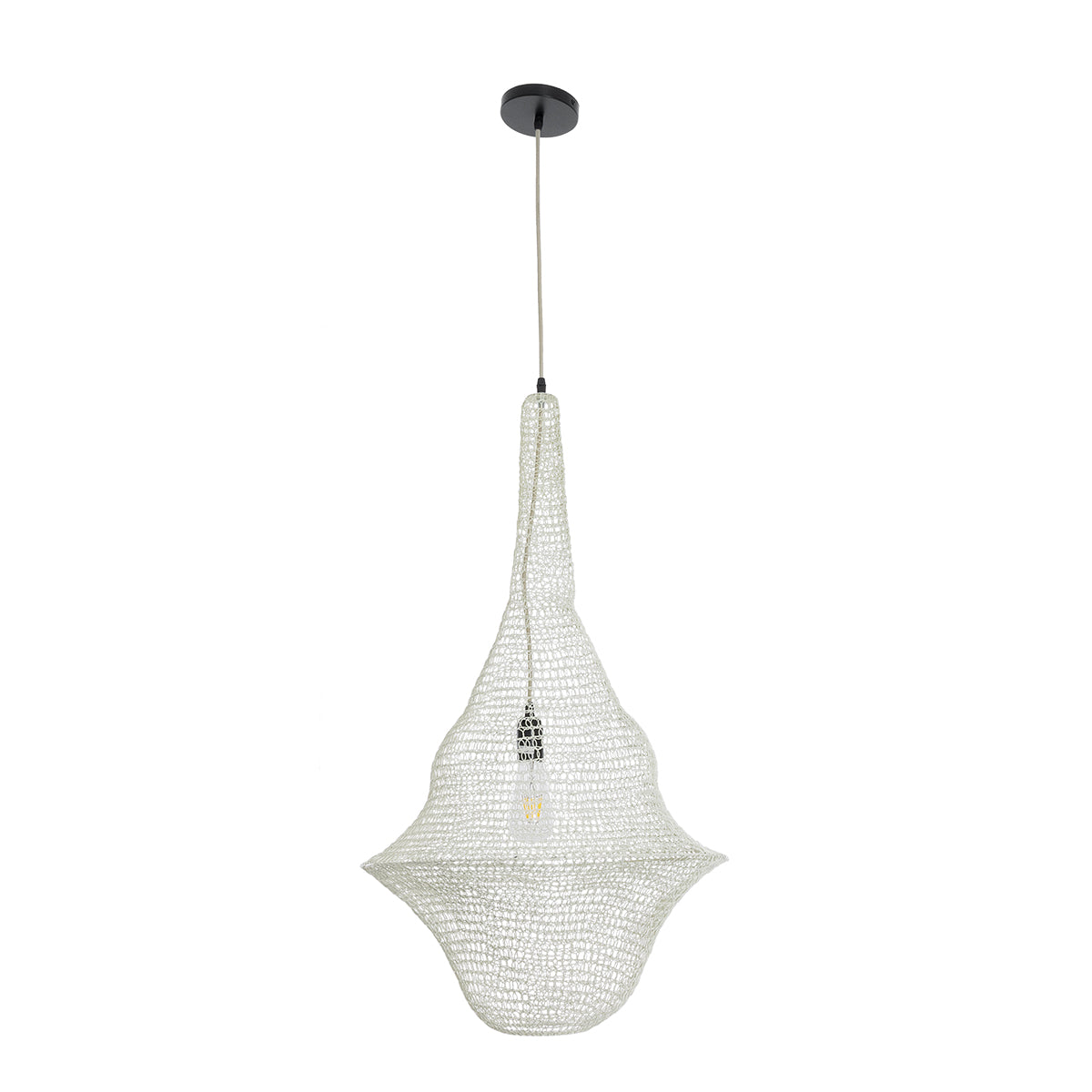 GloboStar® KENTUCKY 01874 Vintage Κρεμαστό Φωτιστικό Οροφής Μονόφωτο 1 x E27 AC220-240V IP20 - Φ50 x Υ90cm - Μπεζ Εκρού Μεταλλικό Πλέγμα - 5 Χρόνια Εγγύηση - ledmania.gr
