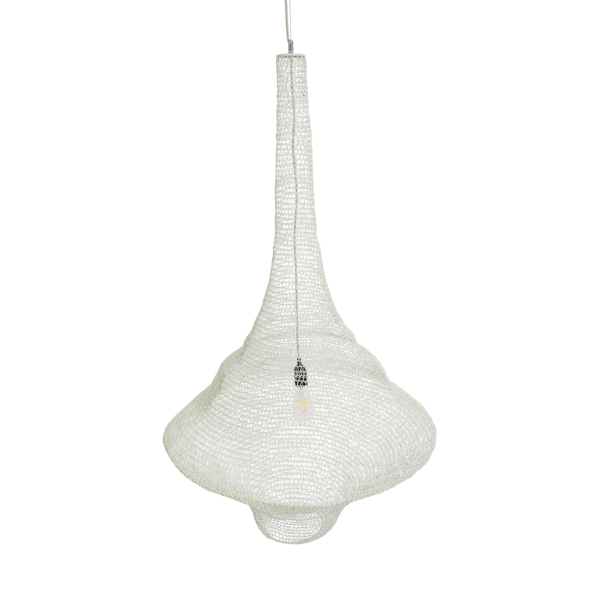 GloboStar® KENTUCKY 01877 Vintage Κρεμαστό Φωτιστικό Οροφής Μονόφωτο 1 x E27 AC220-240V IP20 - Φ80 x Υ140cm - Μπεζ Εκρού Μεταλλικό Πλέγμα - 5 Χρόνια Εγγύηση - ledmania.gr