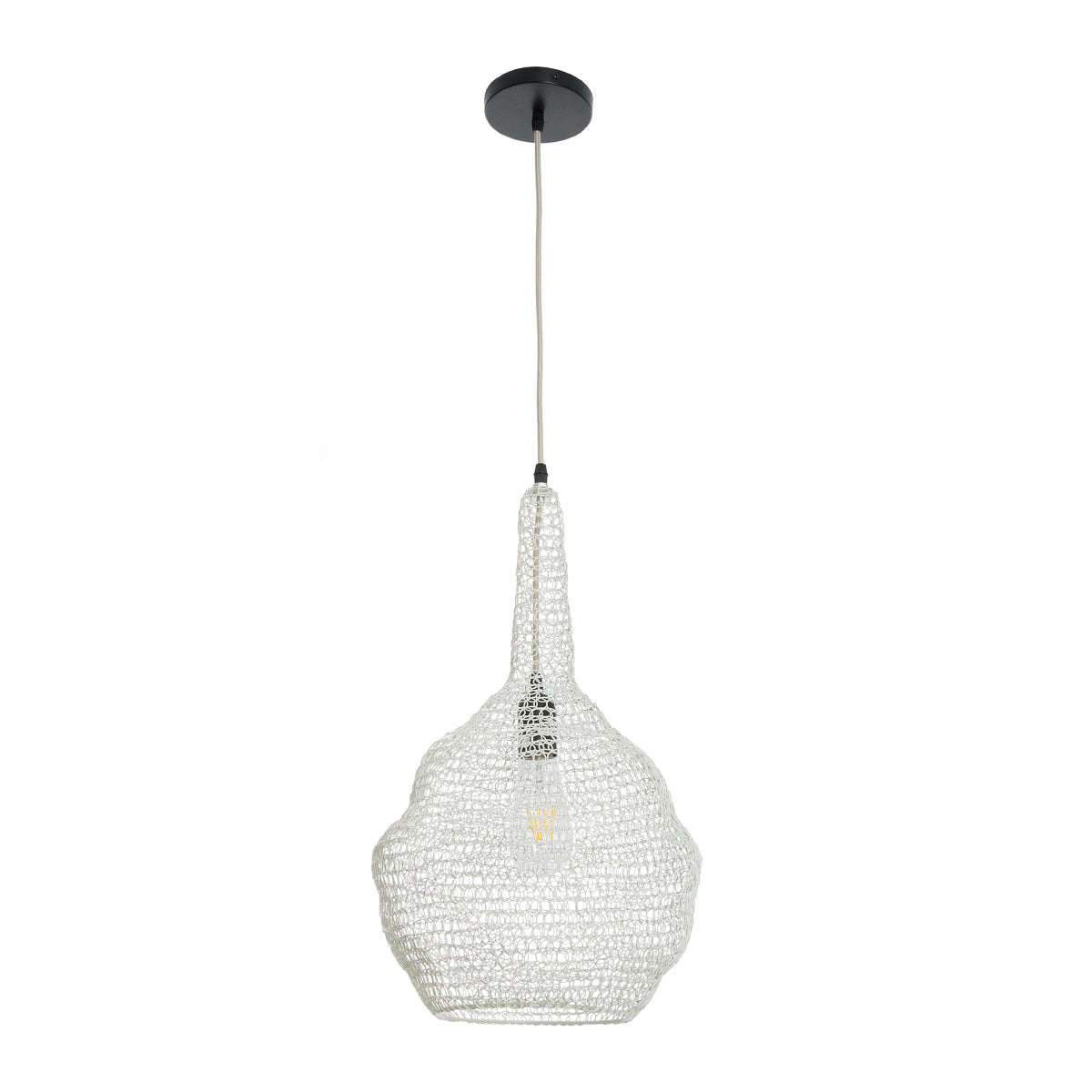 GloboStar® KENTUCKY 01880 Vintage Κρεμαστό Φωτιστικό Οροφής Μονόφωτο 1 x E27 AC220-240V IP20 - Φ30 x Υ50cm - Μπεζ Εκρού Μεταλλικό Πλέγμα - 5 Χρόνια Εγγύηση - ledmania.gr