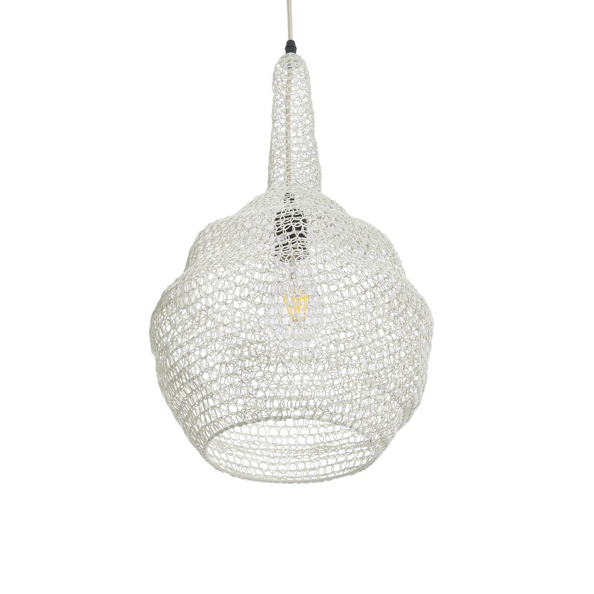 GloboStar® KENTUCKY 01880 Vintage Κρεμαστό Φωτιστικό Οροφής Μονόφωτο 1 x E27 AC220-240V IP20 - Φ30 x Υ50cm - Μπεζ Εκρού Μεταλλικό Πλέγμα - 5 Χρόνια Εγγύηση - ledmania.gr