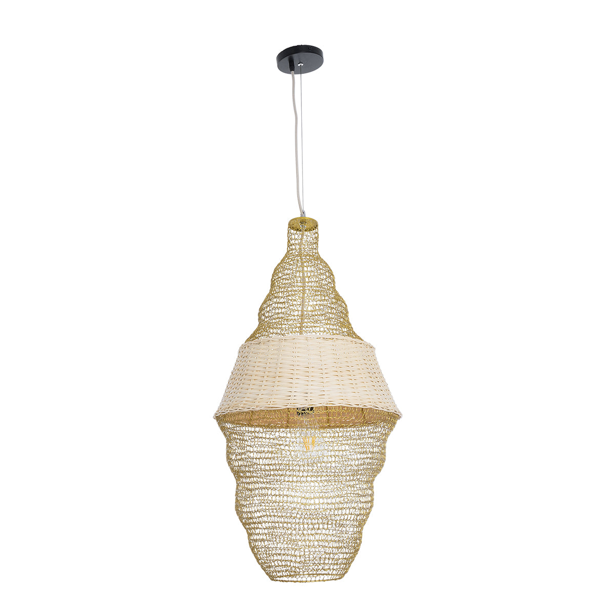 GloboStar® KENTUCKY 01910 Vintage Κρεμαστό Φωτιστικό Οροφής Μονόφωτο 1 x E27 AC220-240V IP20 - Φ40 x Υ80cm - Μπεζ Μεταλλικό με Μπαμπού Πλέγμα - 5 Χρόνια Εγγύηση - ledmania.gr