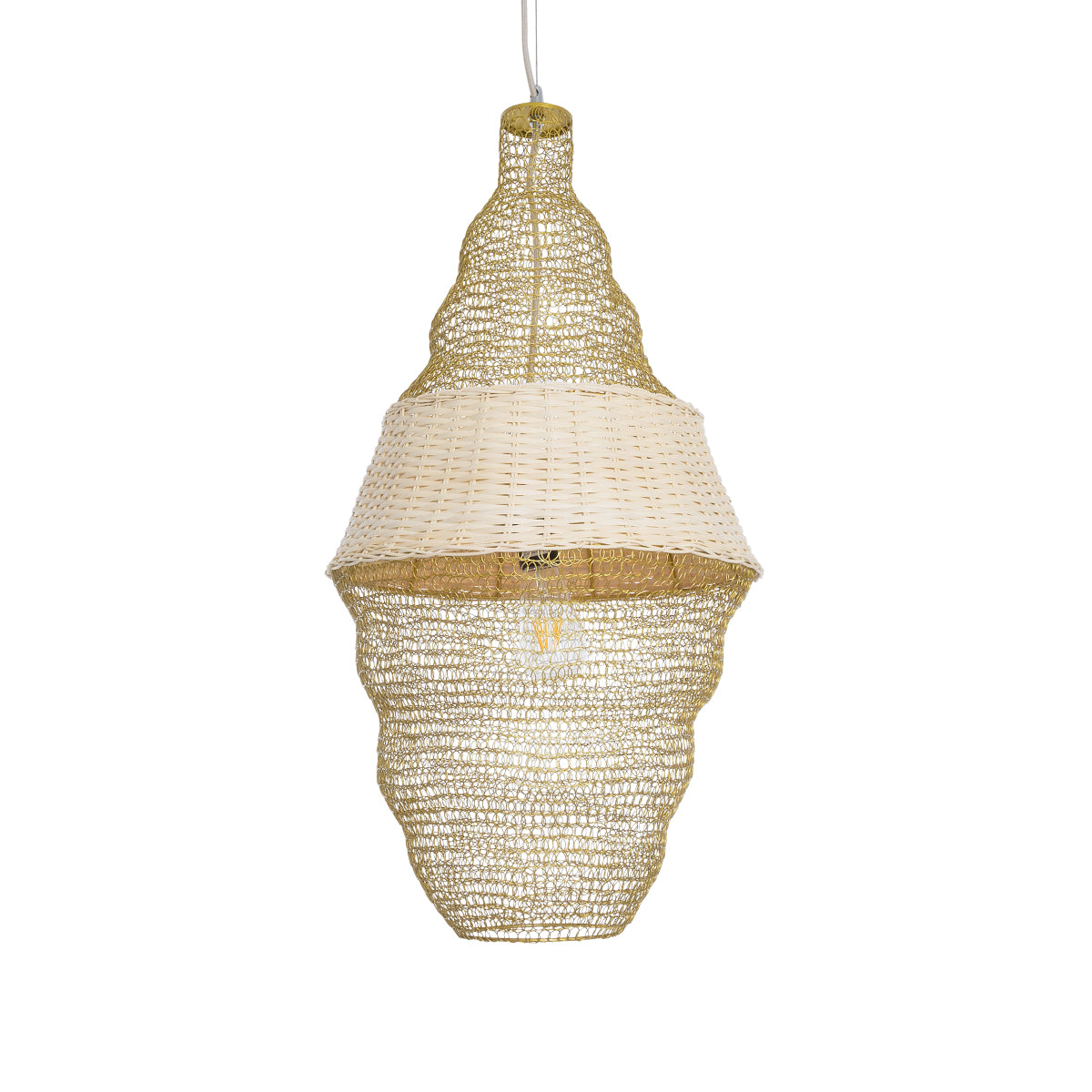 GloboStar® KENTUCKY 01910 Vintage Κρεμαστό Φωτιστικό Οροφής Μονόφωτο 1 x E27 AC220-240V IP20 - Φ40 x Υ80cm - Μπεζ Μεταλλικό με Μπαμπού Πλέγμα - 5 Χρόνια Εγγύηση - ledmania.gr