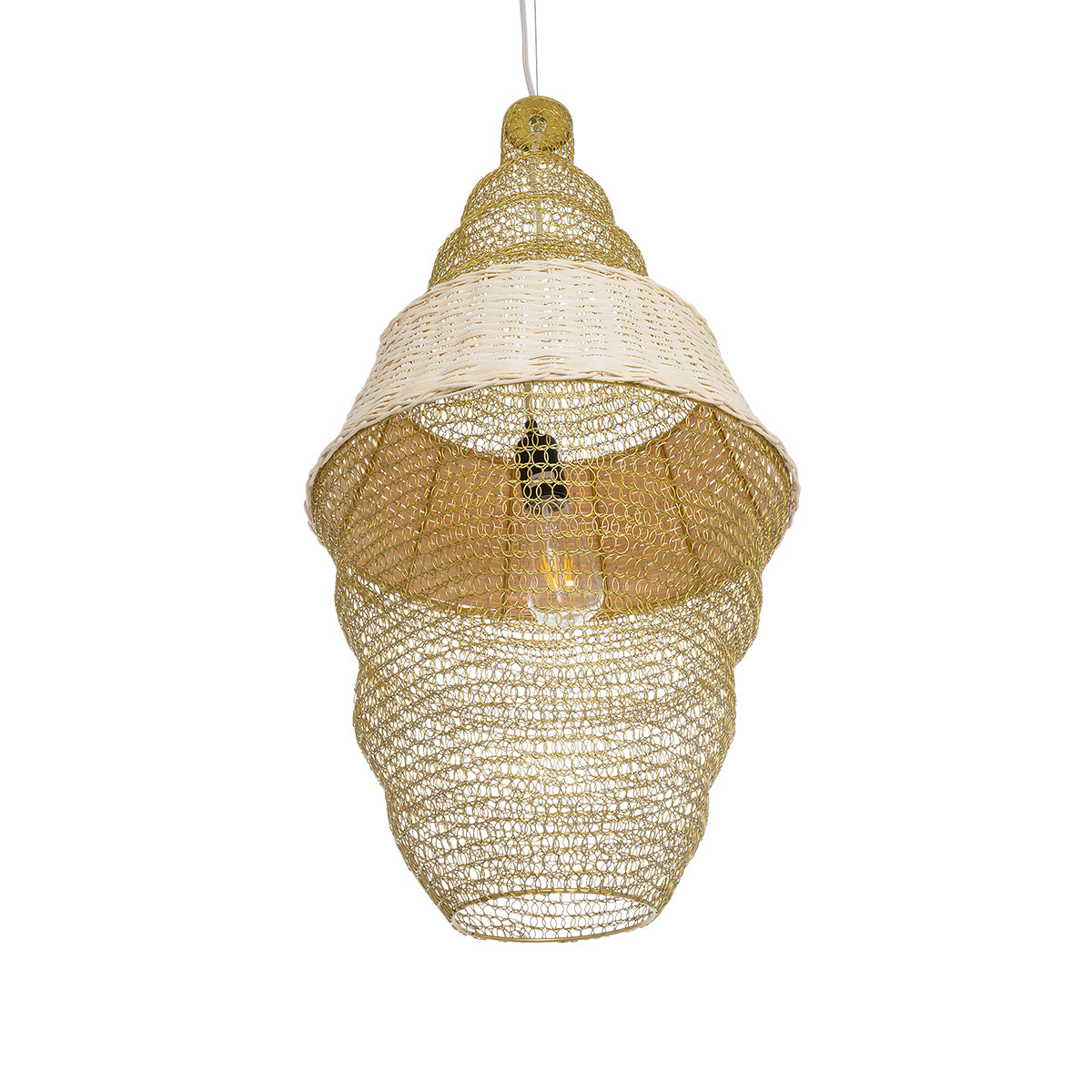 GloboStar® KENTUCKY 01910 Vintage Κρεμαστό Φωτιστικό Οροφής Μονόφωτο 1 x E27 AC220-240V IP20 - Φ40 x Υ80cm - Μπεζ Μεταλλικό με Μπαμπού Πλέγμα - 5 Χρόνια Εγγύηση - ledmania.gr