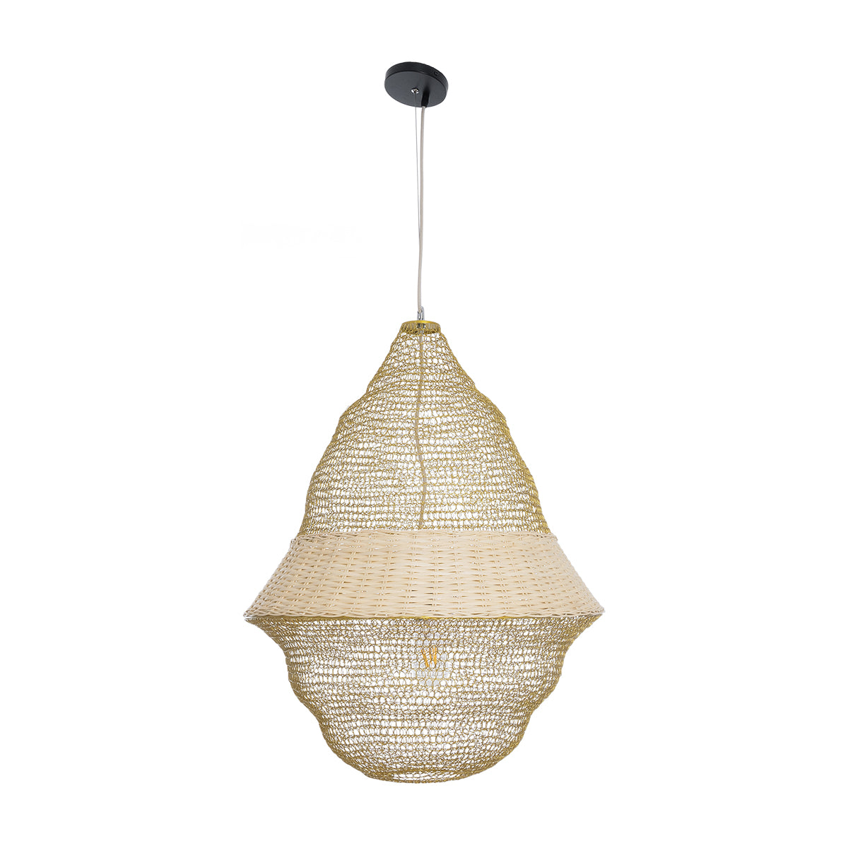 GloboStar® KENTUCKY 01911 Vintage Κρεμαστό Φωτιστικό Οροφής Μονόφωτο 1 x E27 AC220-240V IP20 - Φ60 x Υ80cm - Μπεζ Μεταλλικό με Μπαμπού Πλέγμα - 5 Χρόνια Εγγύηση - ledmania.gr