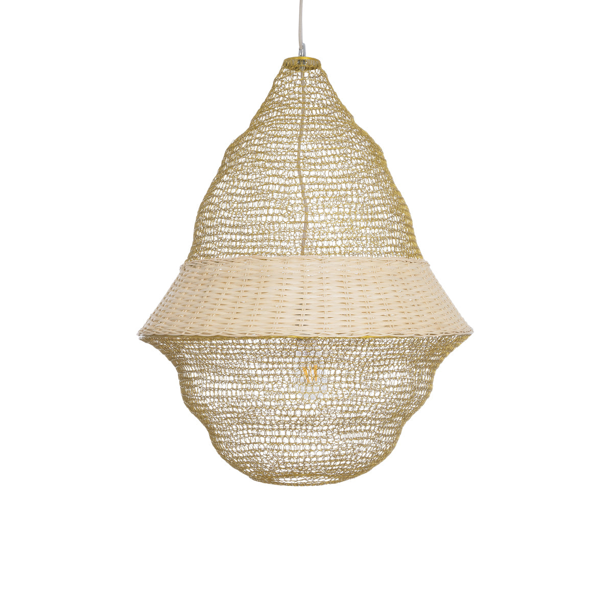 GloboStar® KENTUCKY 01911 Vintage Κρεμαστό Φωτιστικό Οροφής Μονόφωτο 1 x E27 AC220-240V IP20 - Φ60 x Υ80cm - Μπεζ Μεταλλικό με Μπαμπού Πλέγμα - 5 Χρόνια Εγγύηση - ledmania.gr
