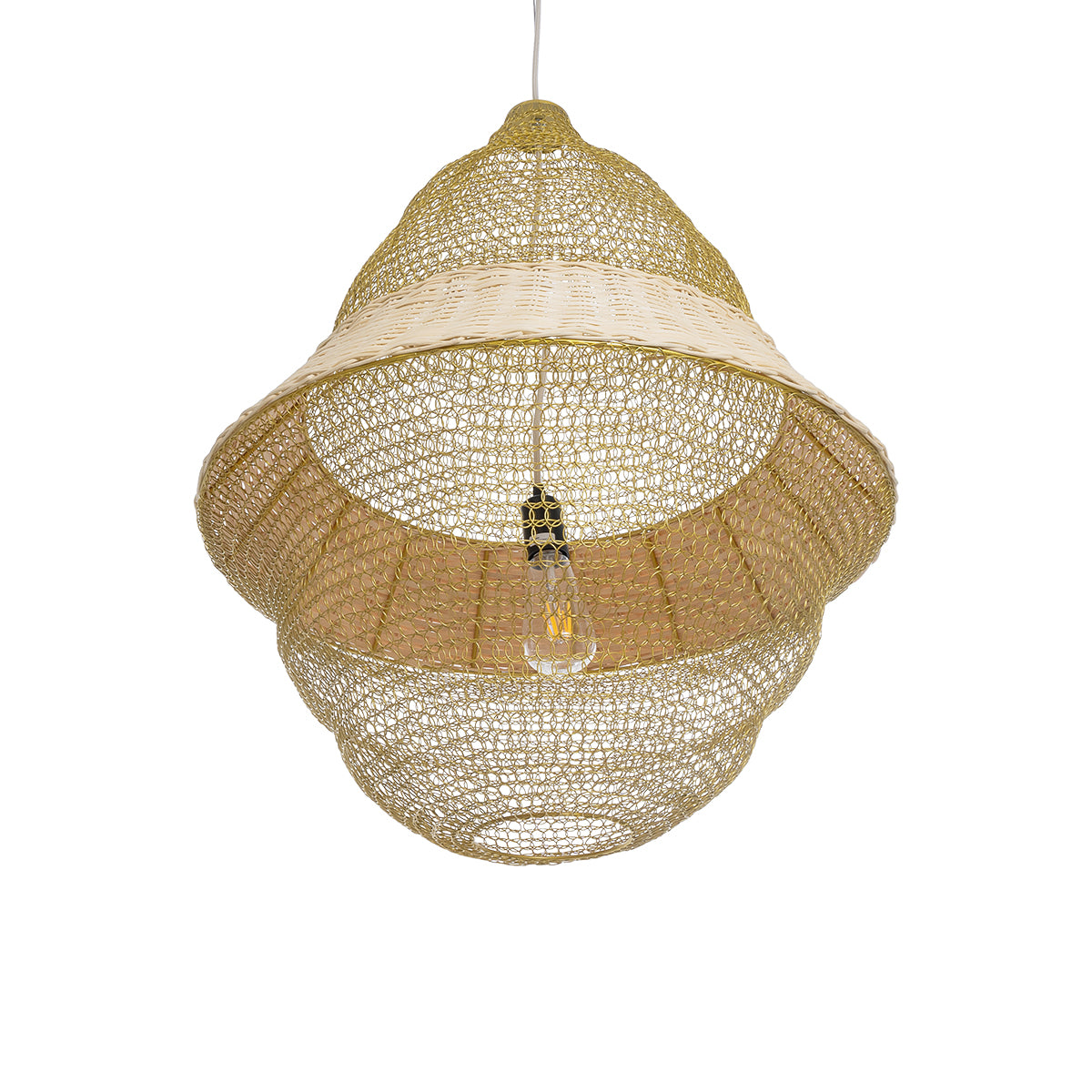 GloboStar® KENTUCKY 01911 Vintage Κρεμαστό Φωτιστικό Οροφής Μονόφωτο 1 x E27 AC220-240V IP20 - Φ60 x Υ80cm - Μπεζ Μεταλλικό με Μπαμπού Πλέγμα - 5 Χρόνια Εγγύηση - ledmania.gr