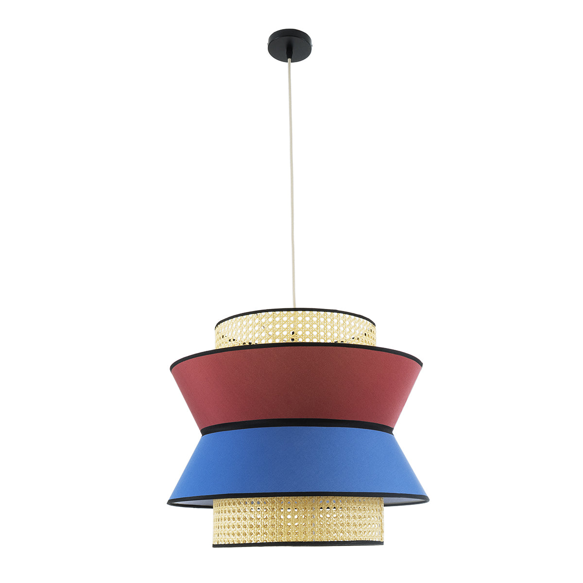 GloboStar® SAIGE 01919 Boho Κρεμαστό Φωτιστικό Οροφής Μονόφωτο 1 x E27 AC220-240V IP20 - Φ50 x Υ43cm - Μπεζ Μπαμπού Πλέγμα με Κόκκινο και Μπλε Υφασμάτινο Καπέλο - 5 Χρόνια Εγγύηση - ledmania.gr