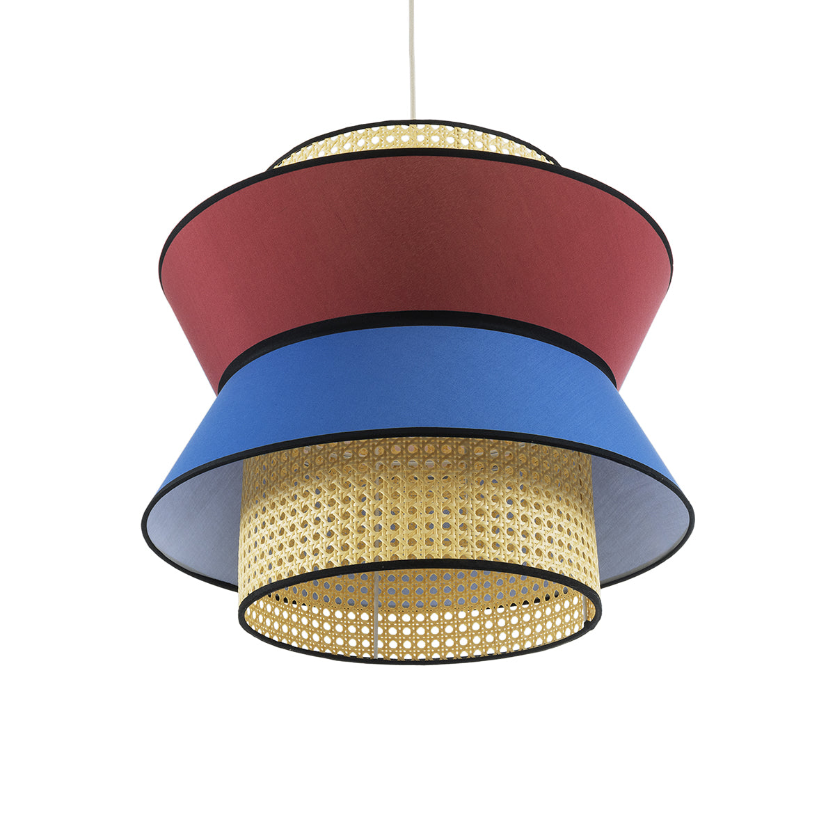 GloboStar® SAIGE 01919 Boho Κρεμαστό Φωτιστικό Οροφής Μονόφωτο 1 x E27 AC220-240V IP20 - Φ50 x Υ43cm - Μπεζ Μπαμπού Πλέγμα με Κόκκινο και Μπλε Υφασμάτινο Καπέλο - 5 Χρόνια Εγγύηση - ledmania.gr