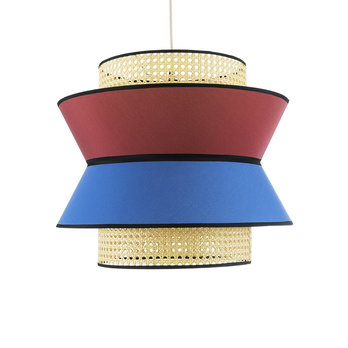 GloboStar® SAIGE 01919 Boho Κρεμαστό Φωτιστικό Οροφής Μονόφωτο 1 x E27 AC220-240V IP20 - Φ50 x Υ43cm - Μπεζ Μπαμπού Πλέγμα με Κόκκινο και Μπλε Υφασμάτινο Καπέλο - 5 Χρόνια Εγγύηση - ledmania.gr