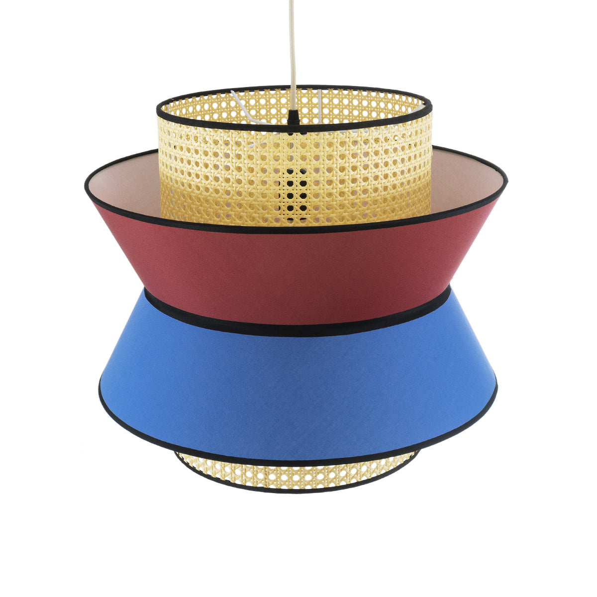 GloboStar® SAIGE 01919 Boho Κρεμαστό Φωτιστικό Οροφής Μονόφωτο 1 x E27 AC220-240V IP20 - Φ50 x Υ43cm - Μπεζ Μπαμπού Πλέγμα με Κόκκινο και Μπλε Υφασμάτινο Καπέλο - 5 Χρόνια Εγγύηση - ledmania.gr