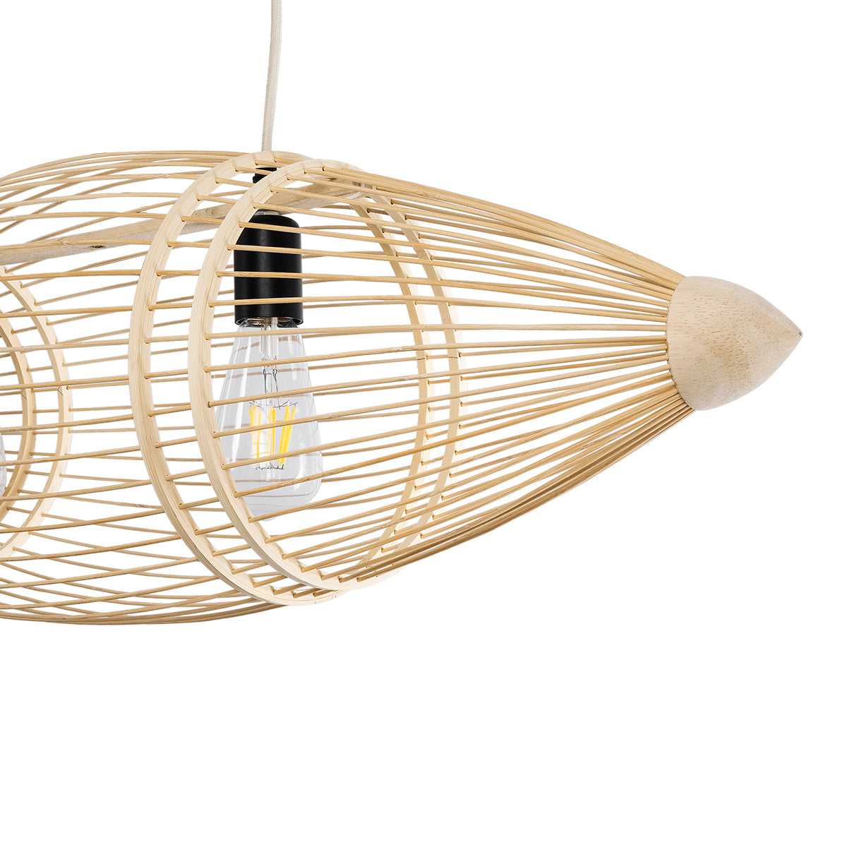 GloboStar® FISH 01927 Μοντέρνο Κρεμαστό Φωτιστικό Οροφής  2 x E27 AC 220-240V IP20 - Μ130 x Π42 x Υ42cm - Μπεζ Ξύλινο Πλέγμα - ledmania.gr