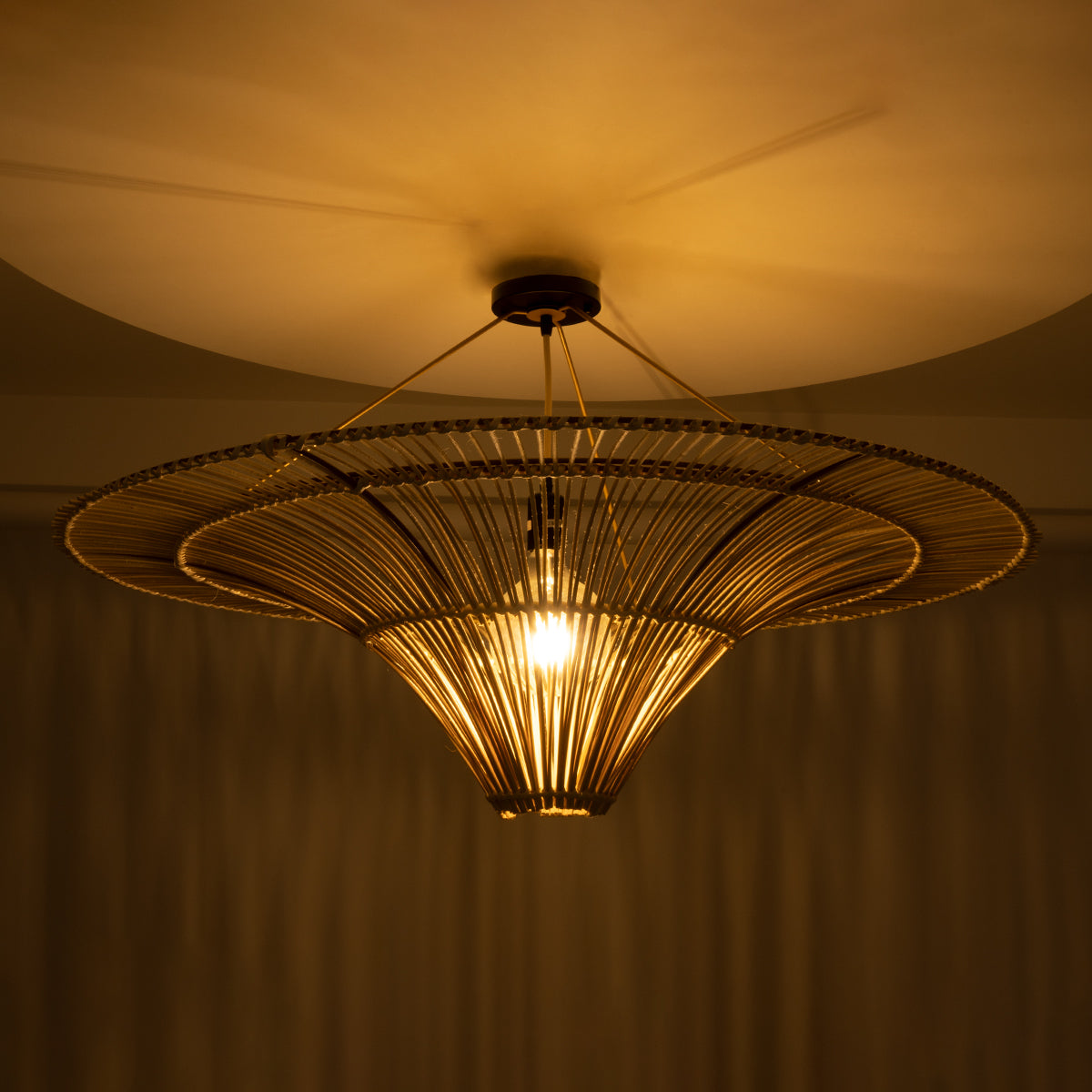 GloboStar® PALERMO 02153 Boho Φωτιστικό Οροφής Μονόφωτο 1 x E27 AC220-240V IP20 - Φ100 x Υ55cm - Μπεζ Ξύλινο Μπαμπού Πλέγμα - ledmania.gr