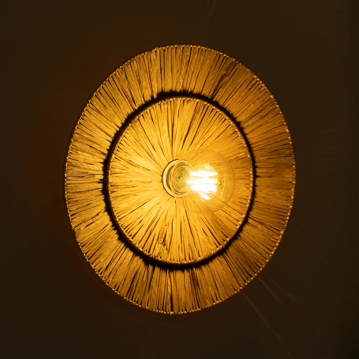 GloboStar® COLOMBO 02284 Boho Φωτιστικό Τοίχου - Απλίκα Μονόφωτο 1 x E27 AC 220-240V IP20 - Φ40 x Υ9cm - Μπεζ Καφέ Φυσική Ράφια Άχυρο Πλέγμα - ledmania.gr
