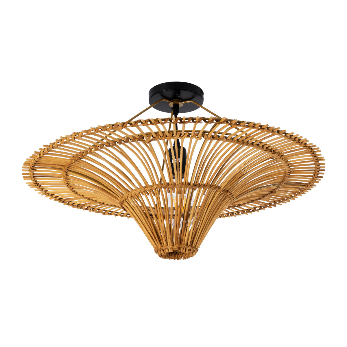 GloboStar® PALERMO 02308 Boho Φωτιστικό Οροφής Μονόφωτο 1 x E27 AC220-240V IP20 - Φ60 x Υ36cm - Μπεζ Καφέ Ξύλινο Μπαμπού Πλέγμα - ledmania.gr