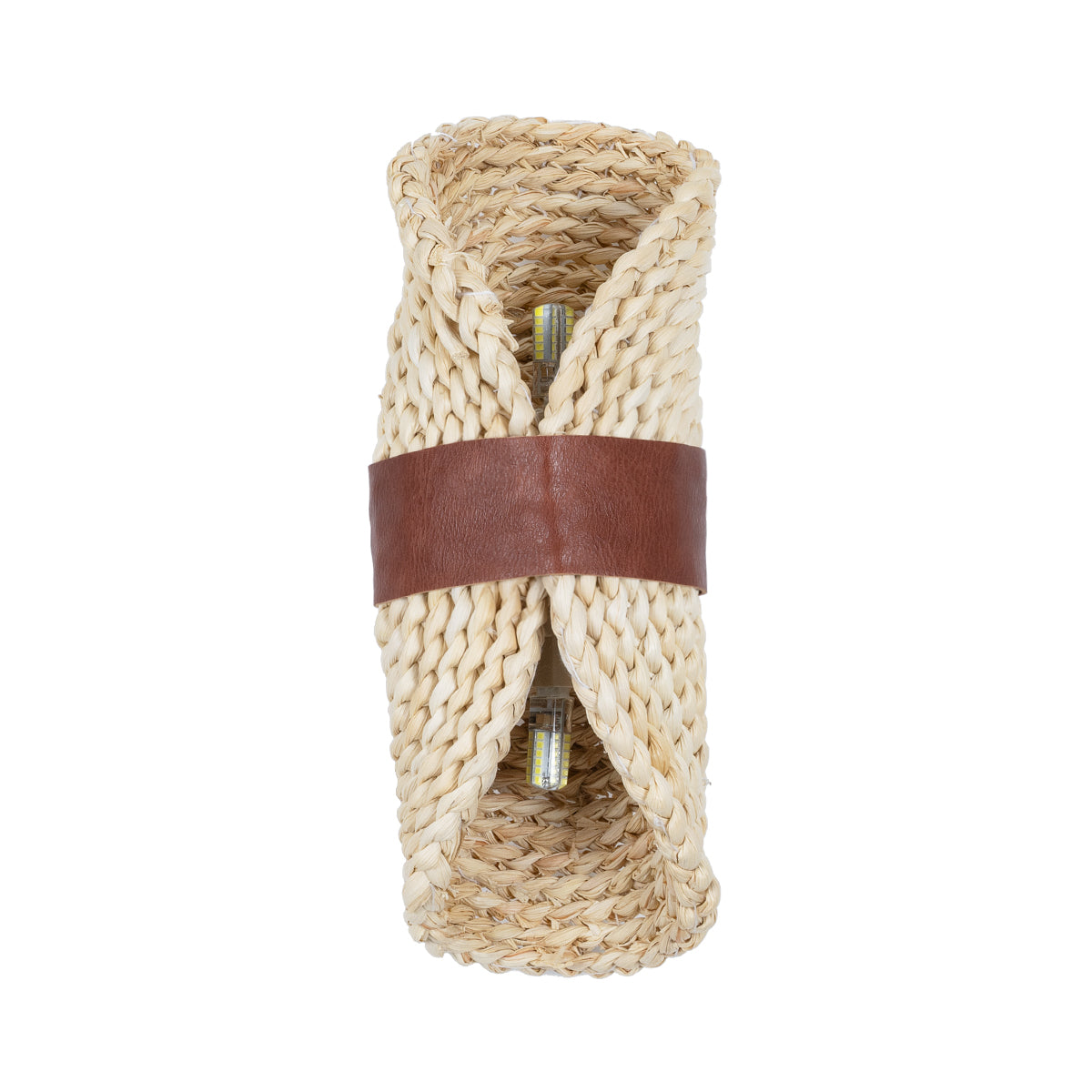 GloboStar® GUAVA 02385 Boho Φωτιστικό Τοίχου - Απλίκα Δίφωτο 2 x G9 AC220-240V IP20 - Μ11 x Π13 x Υ30cm - Μπεζ Ξύλινο Μπαμπού Πλέγμα με Καφέ Δέρμα - 5 Χρόνια Εγγύηση - ledmania.gr
