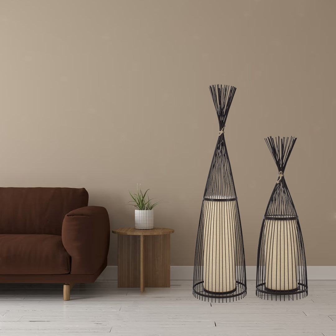 GloboStar® AZORES 01754 Boho Επιδαπέδιο Φωτιστικό Μονόφωτο 1 x E27 IP20 Καφέ & Μπεζ Ξύλο - Μ30 x Π30 x Υ90cm - ledmania.gr