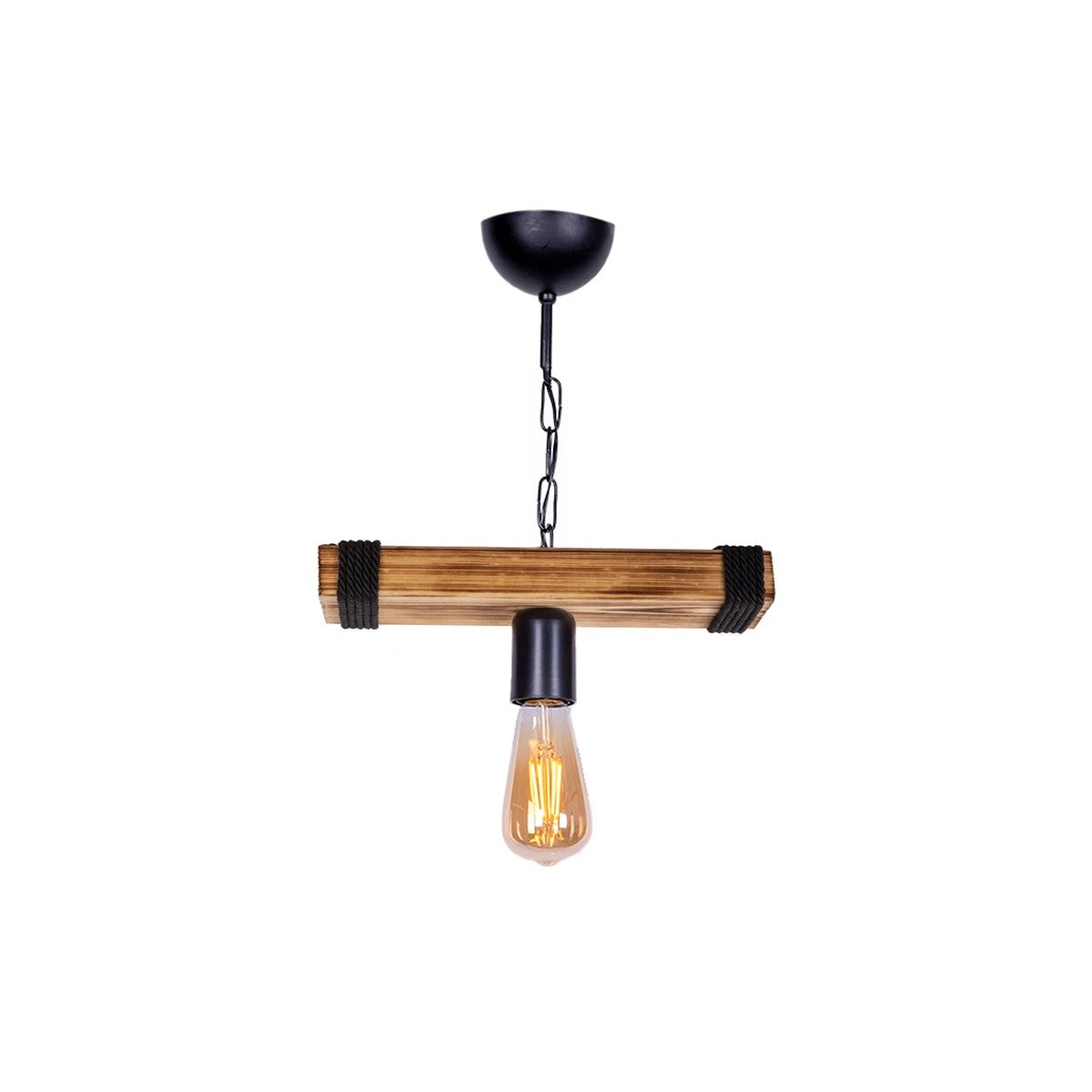 GloboStar® GLISTER 201-0001 Vintage Κρεμαστό Φωτιστικό Ράγα Μονόφωτο 1 x E27 IP20 Μπεζ Ξύλο με Μαύρο Σχοινί - Μ30 x Π10 x Υ60cm - ledmania.gr
